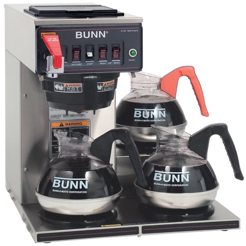 Bunn 12950.0252 CWTF35-3 Automatic 12 Cup Coffee Brewer with 3 Lower Warmers and Black Plastic Funnel - 120/240V Bunn 12950.0252 CWTF35-3 Automatic 12 Cup Coffee Brewer with 3 Lower Warmers and Black Plastic Funnel - 120/240V